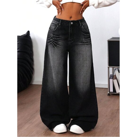 Women's Y2K Baggy Jeans Low Waist Cross Print Wide Leg Denim Pants - Picture 2 of 5